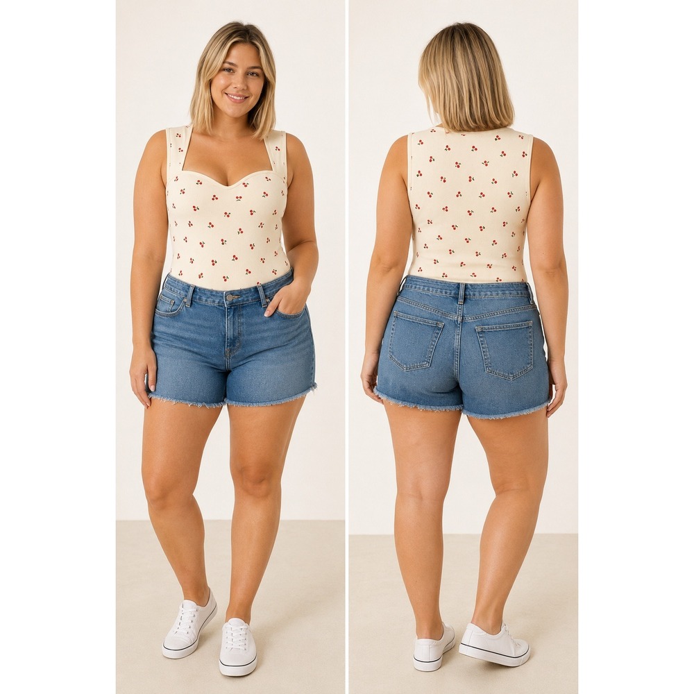 OQQ Women Cream Ribbed Cherry Print Bodysuit Sweetheart Neck XL Sleeveless